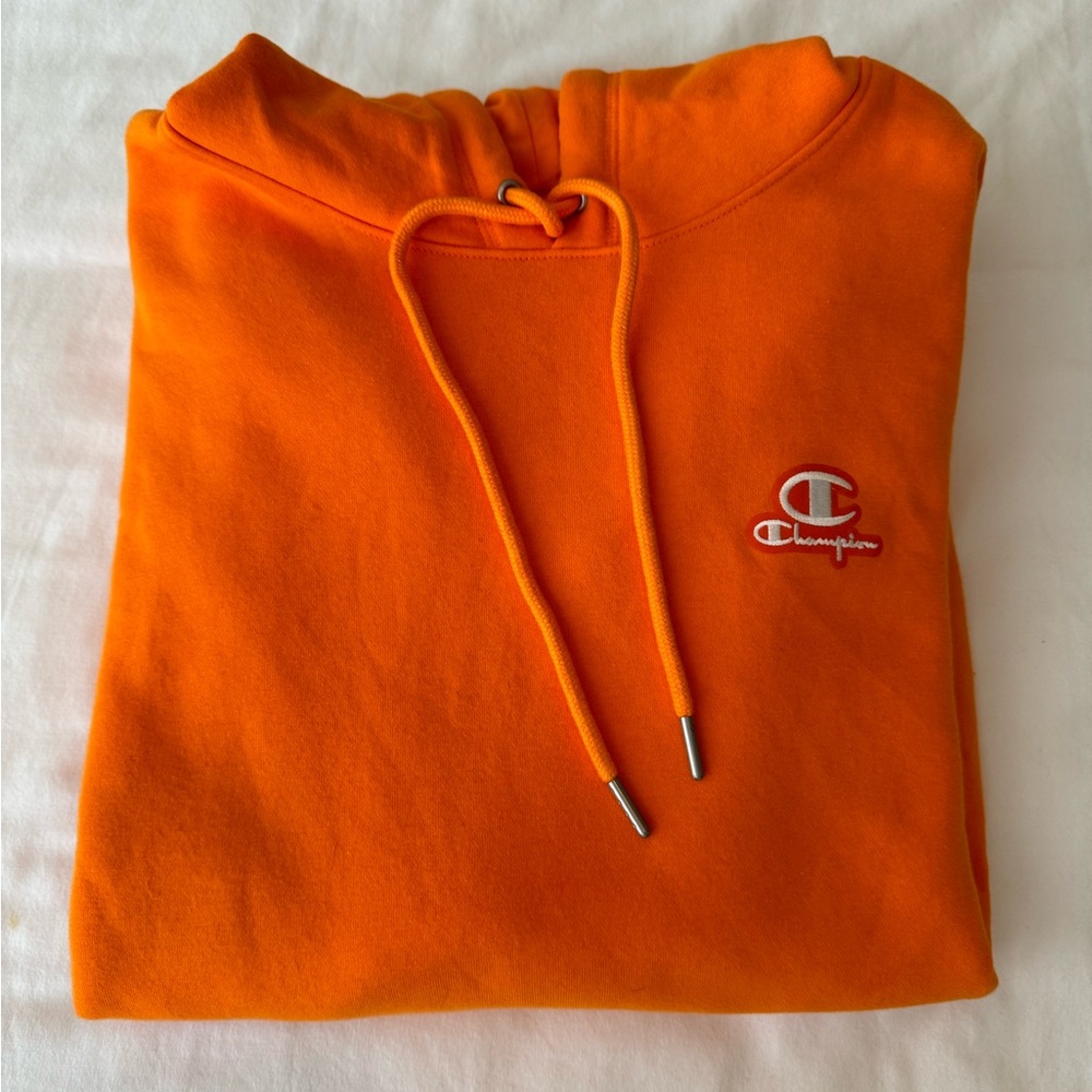 Champion Bright Orange Classic Fleece Hoodie Sweatshirt | Size Medium
